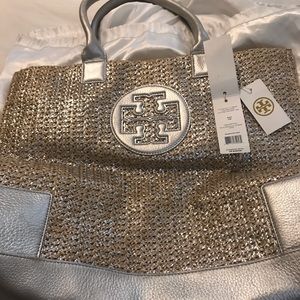 Tory Burch Ella Metallic Straw Tote
